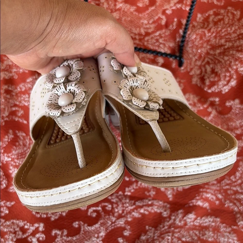ECETANA White and Tan Sandals with Floral Detailing, Used once.